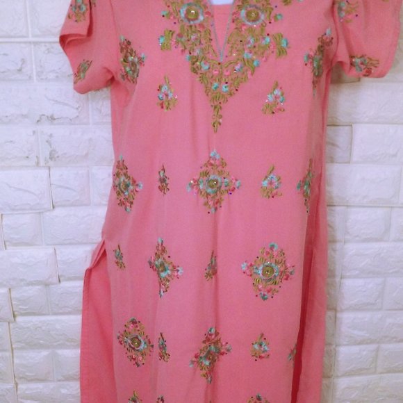 Vintage Kurta Sari Tunic Top sz-42 (M/L) Sheer Embellished Bling Glam Slits Pink - Picture 3 of 10